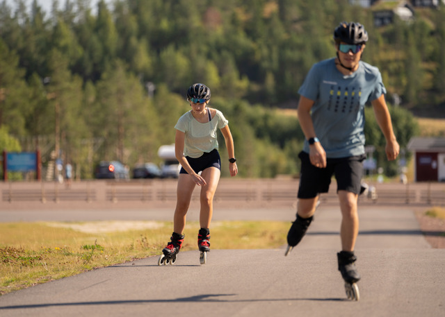 Two people rollerblading on a paved road in the summer sun.
