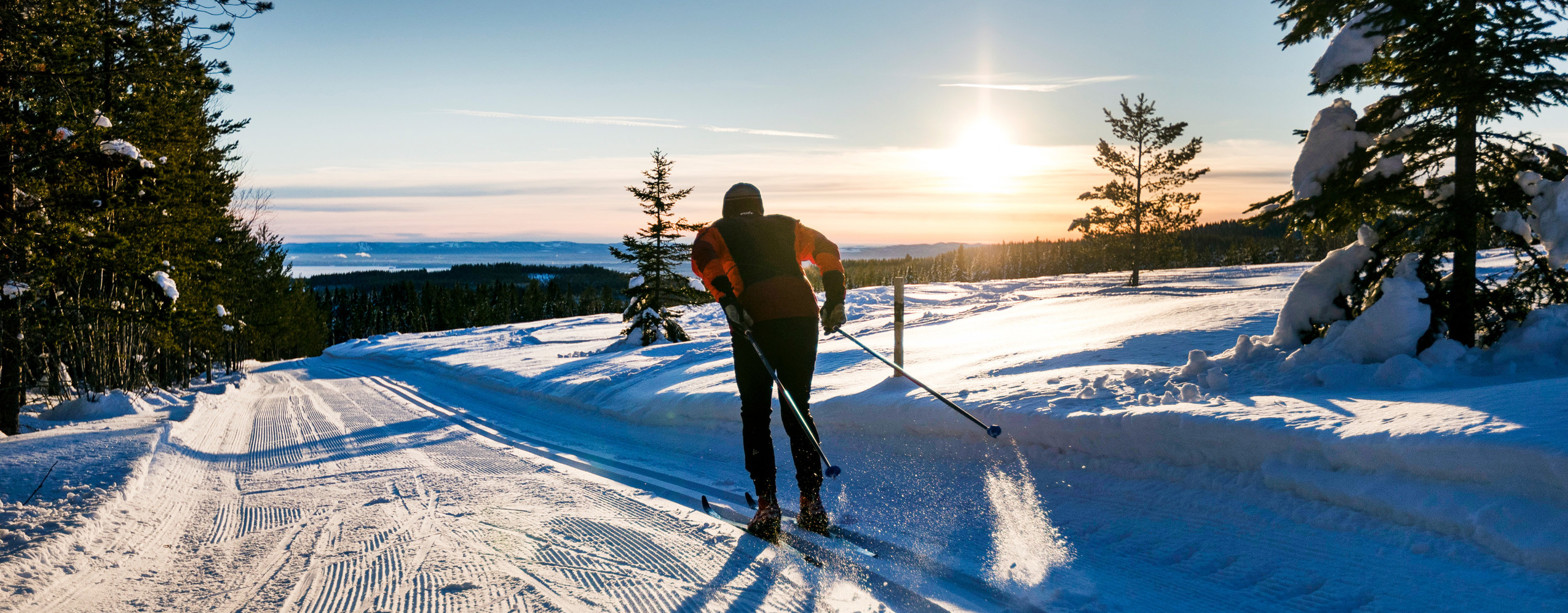 Längdåkare i spår i solnedgången i Orsa Grönklitt